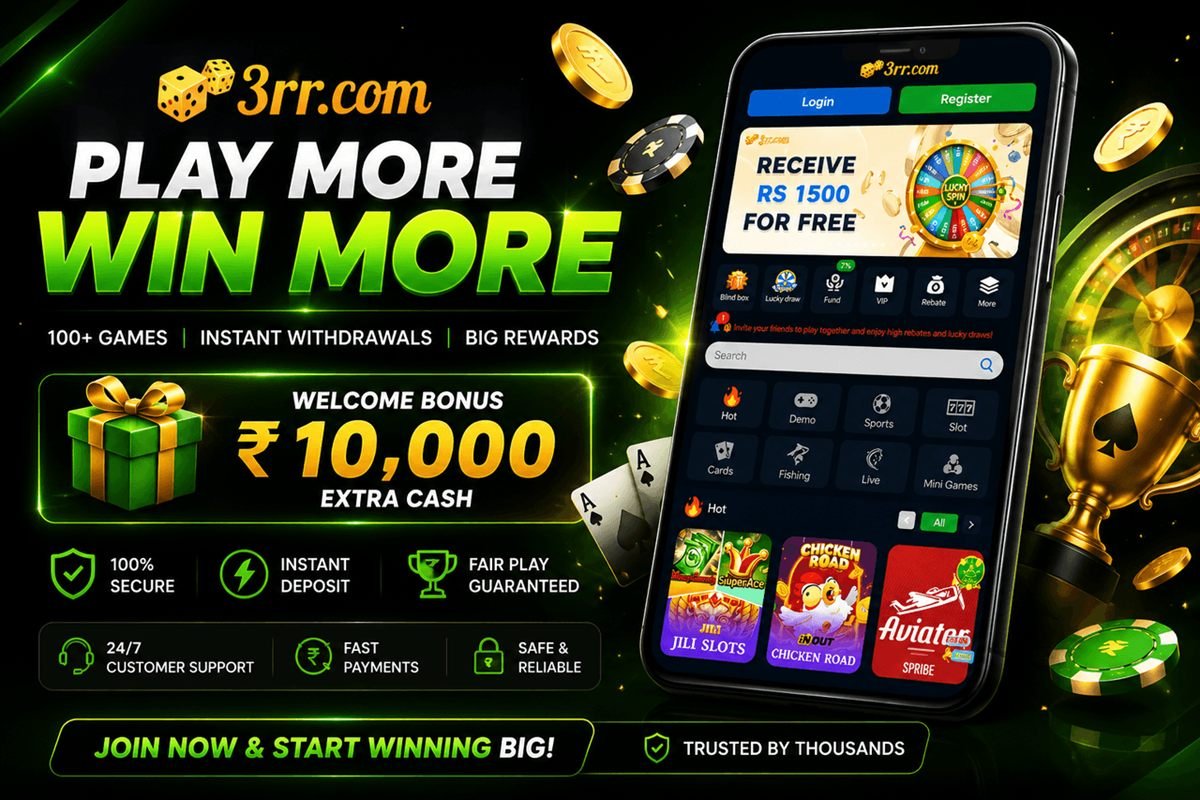 3RR Game banner: Play more, win more — welcome bonus ₹10,000 extra cash, 100+ games, instant withdrawals, shown beside the app on a phone