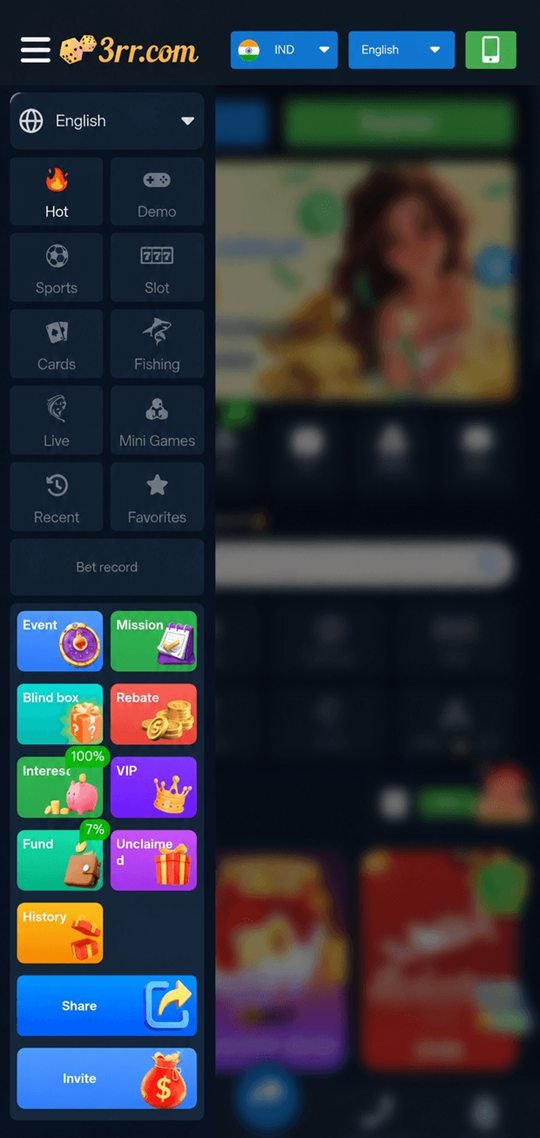 3RR app category drawer listing hot, demo, sports, slot, cards, fishing, live and mini games