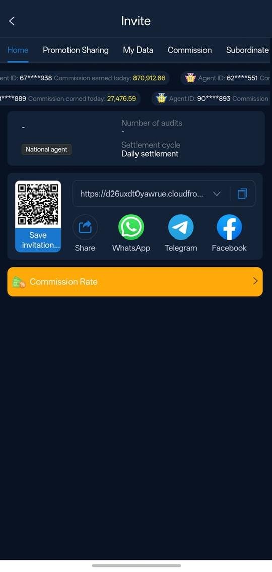 3RR app invite screen with referral QR code, share links and commission rate panel