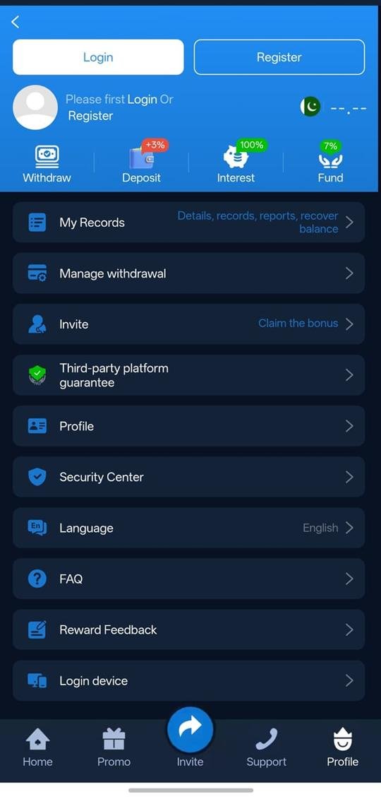 3RR app profile screen with wallet, security centre and withdrawal management